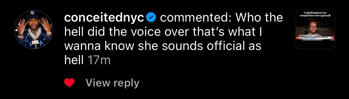 A screenshot of a social media comment by conceitednyc, expressing frustration about a voice that sounds off. The comment is in response to a small video thumbnail featuring a man with glasses, speaking at a news outlet.