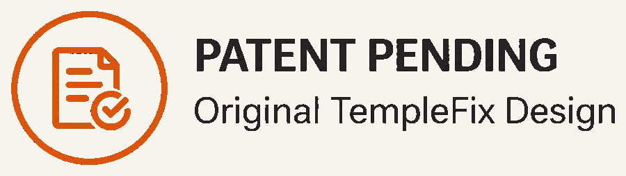 Patent pending notice with an icon of a document and checkmark, indicating design rights for Original TempleFix Design.
