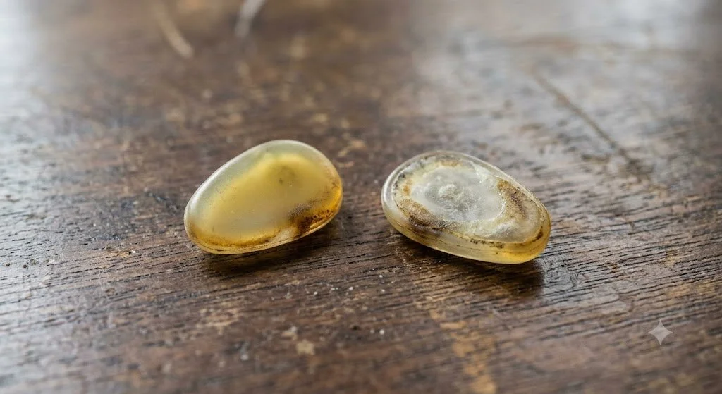 Two yellowed glasses nose pads showing buildup from sweat and dirt.