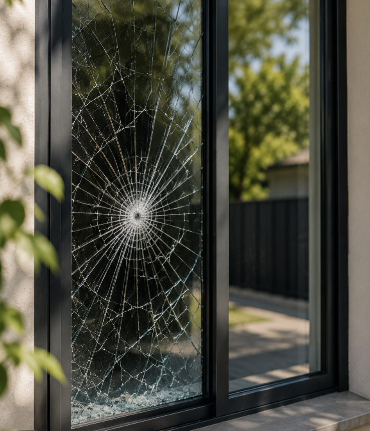 Cracked window beside intact glass showing when glass replacement may be needed in a Melbourne home