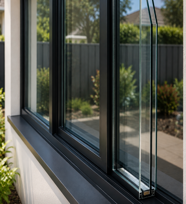 Double glazed window unit with two glass panes and sealed cavity in a Melbourne home