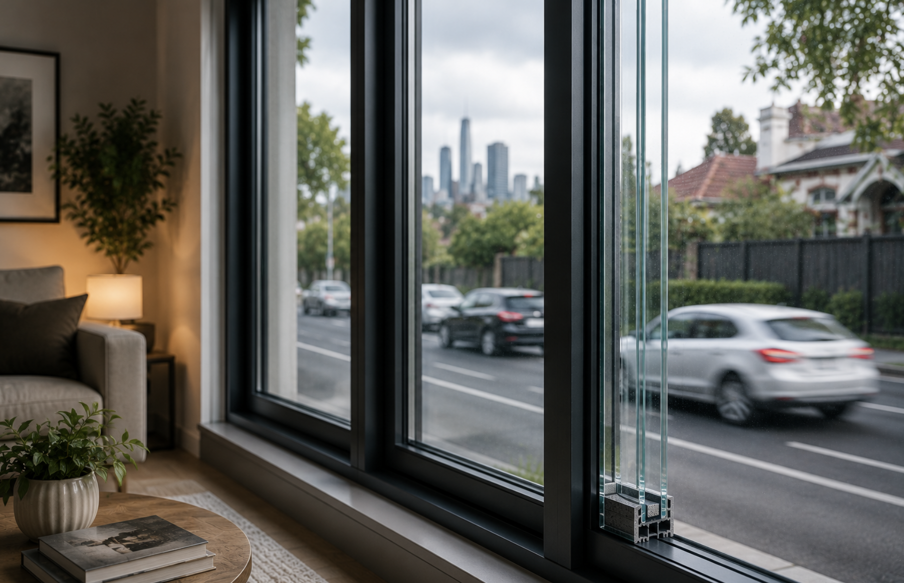 Double glazed windows in a Melbourne home beside a busy road