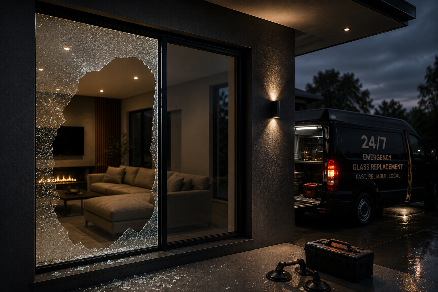 Emergency glazier replacing damaged window glass