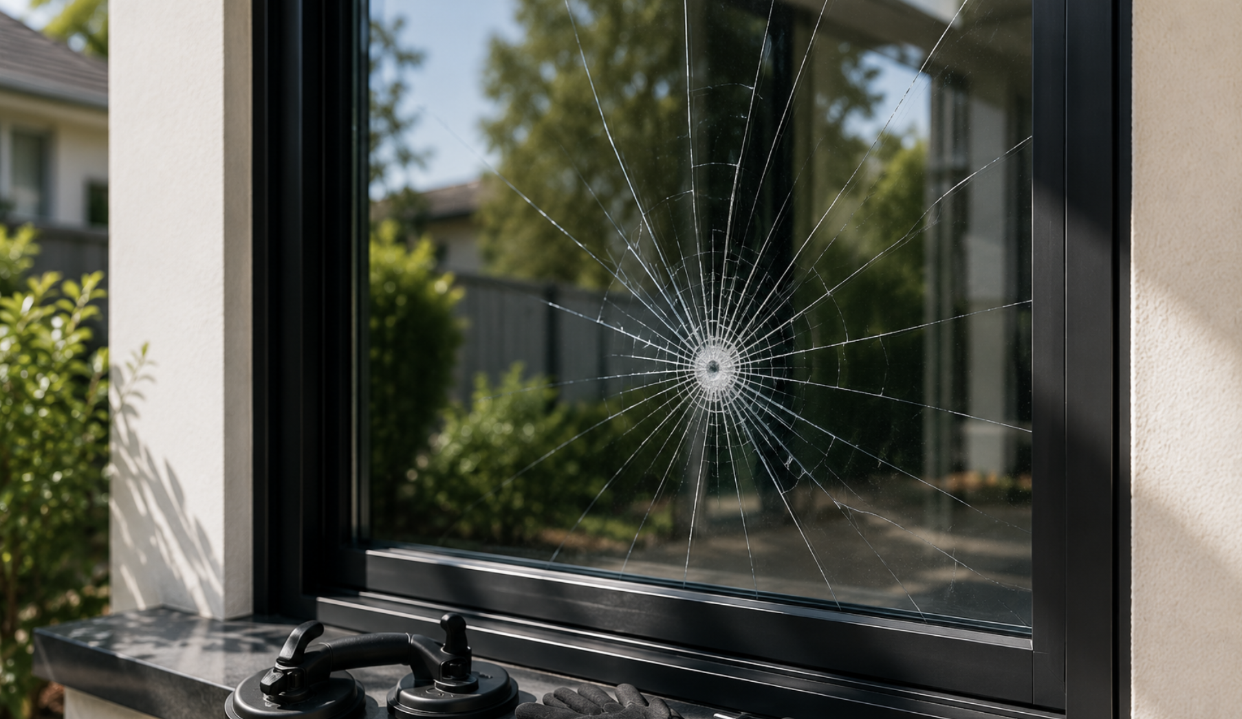 Cracked window glass requiring repair or replacement in a Melbourne home