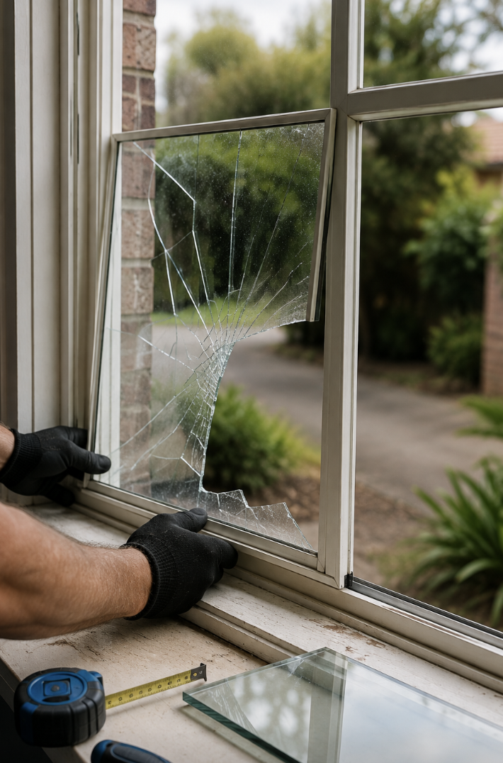 Glazier replacing broken window glass in a Melbourne home