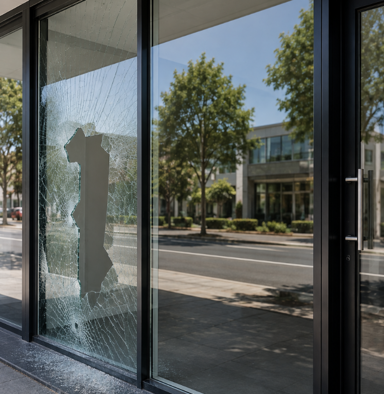 Glazier replacing large shopfront glass at a Melbourne commercial property