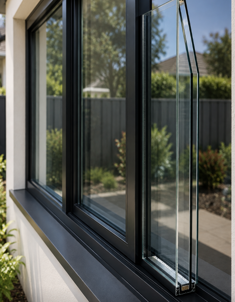 Close-up of a double glazed window showing two glass panes and sealed cavity