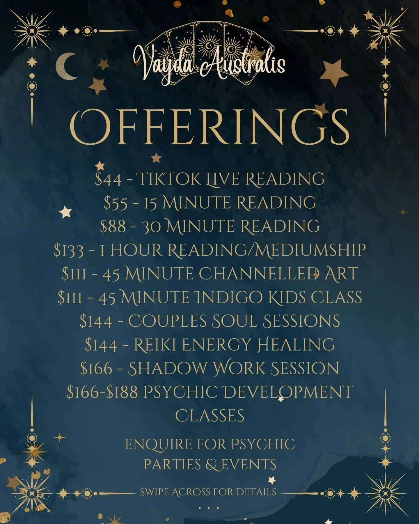 ✨🦋 UPDATED SERVICE LIST 🦋✨

Msg or email me for bookings!

Hi 🧚🏻&zwj;♀️ I'm Vayda I am a psychic medium &amp; energy healer from Brisbane, Australia.

My gifts began at a very young age, I have been practising tarot for over 10yrs &amp; I absolut
