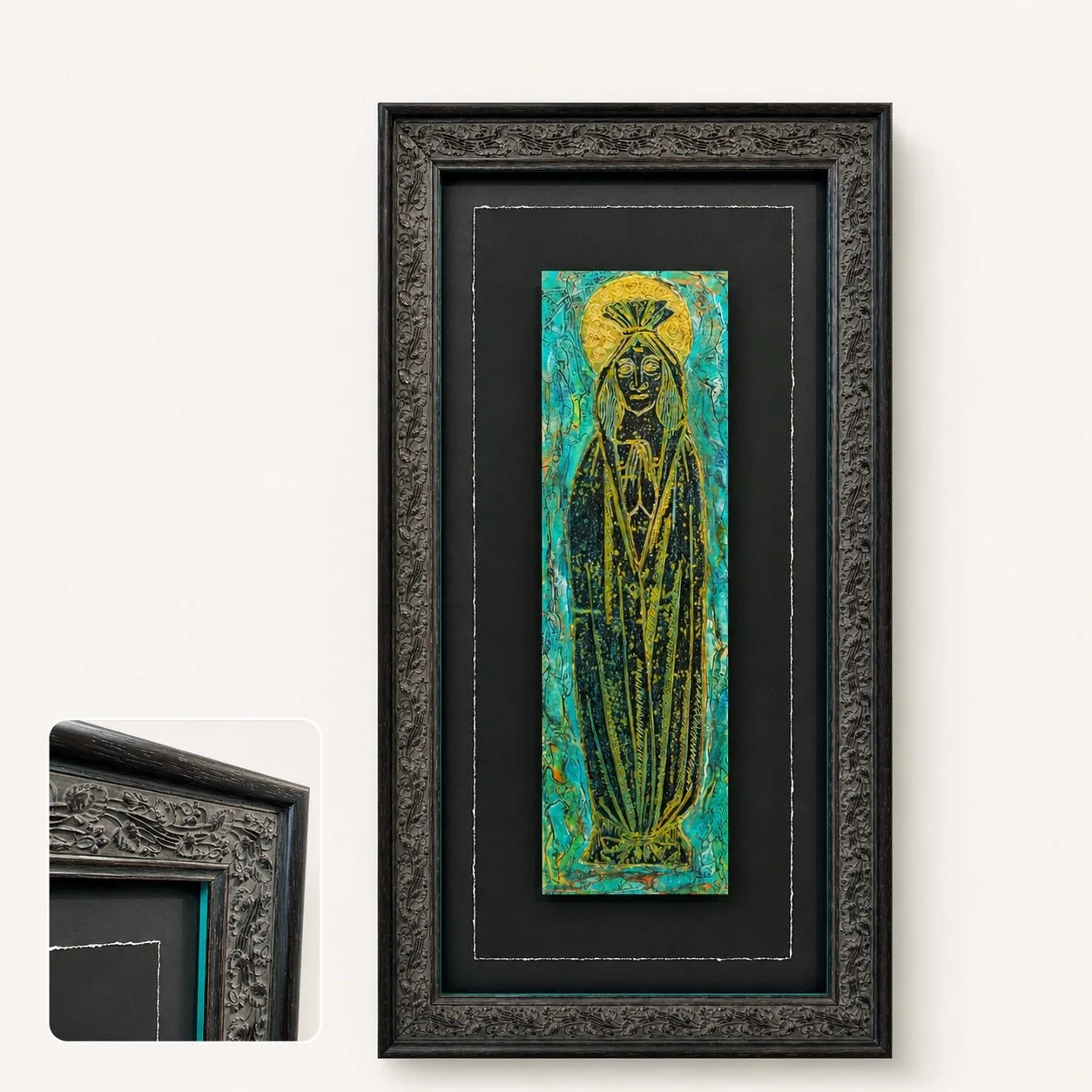 Fine Art Framing — Ornate dark frame with deep mount and coloured slip to add contrast and depth.