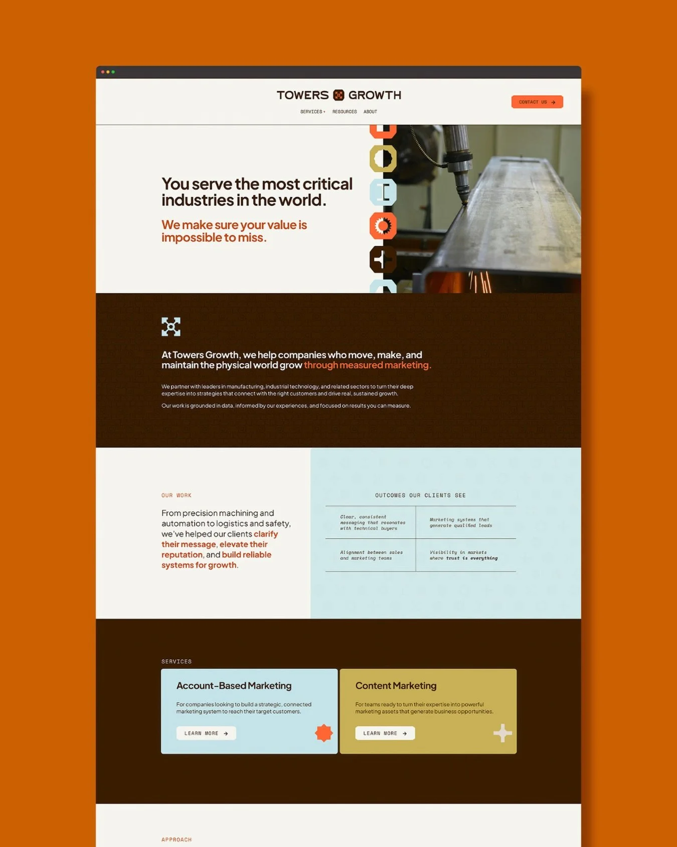 In the website design for Towers Growth, we see all of the brand elements come together to create an industry-specific, branded experience built to capture the attention of powerful players within the physical industries who are ready to level up the