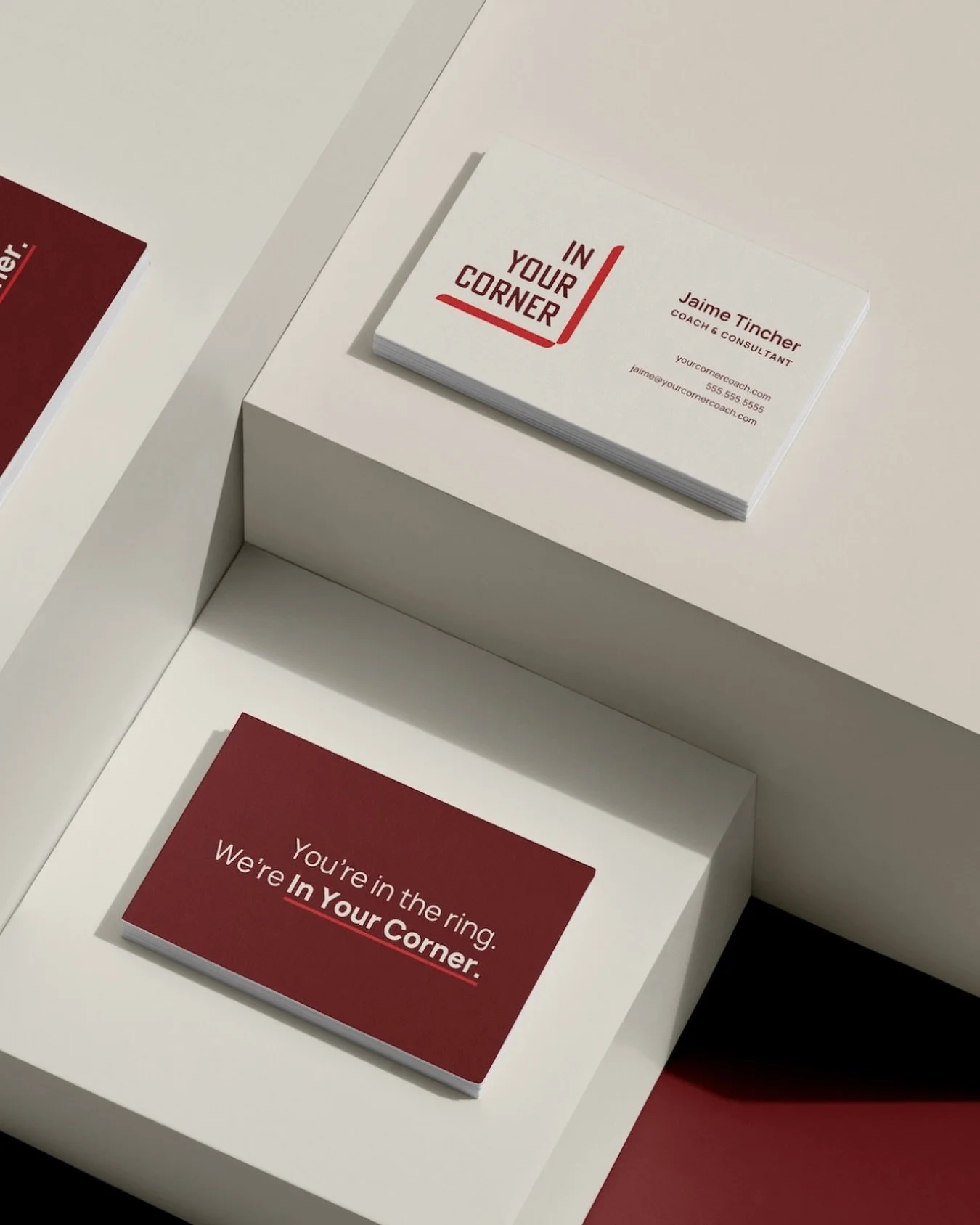 In Your Corner supports women leaders, teams, and organizations through practical coaching and consulting based on lived leadership experience.

The brand identity balances boldness and approachability in all of its elements. The logo combines sharp 