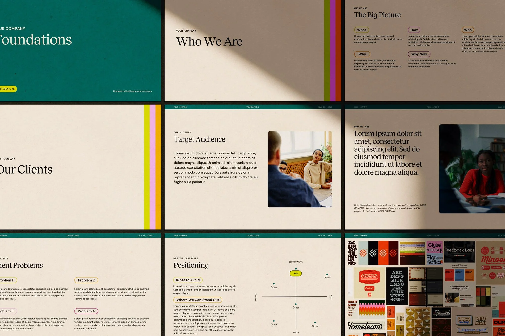 Brand guidelines document for Kayla Meyers Consulting, featuring geometric designs in pink, orange, and purple on a white background.