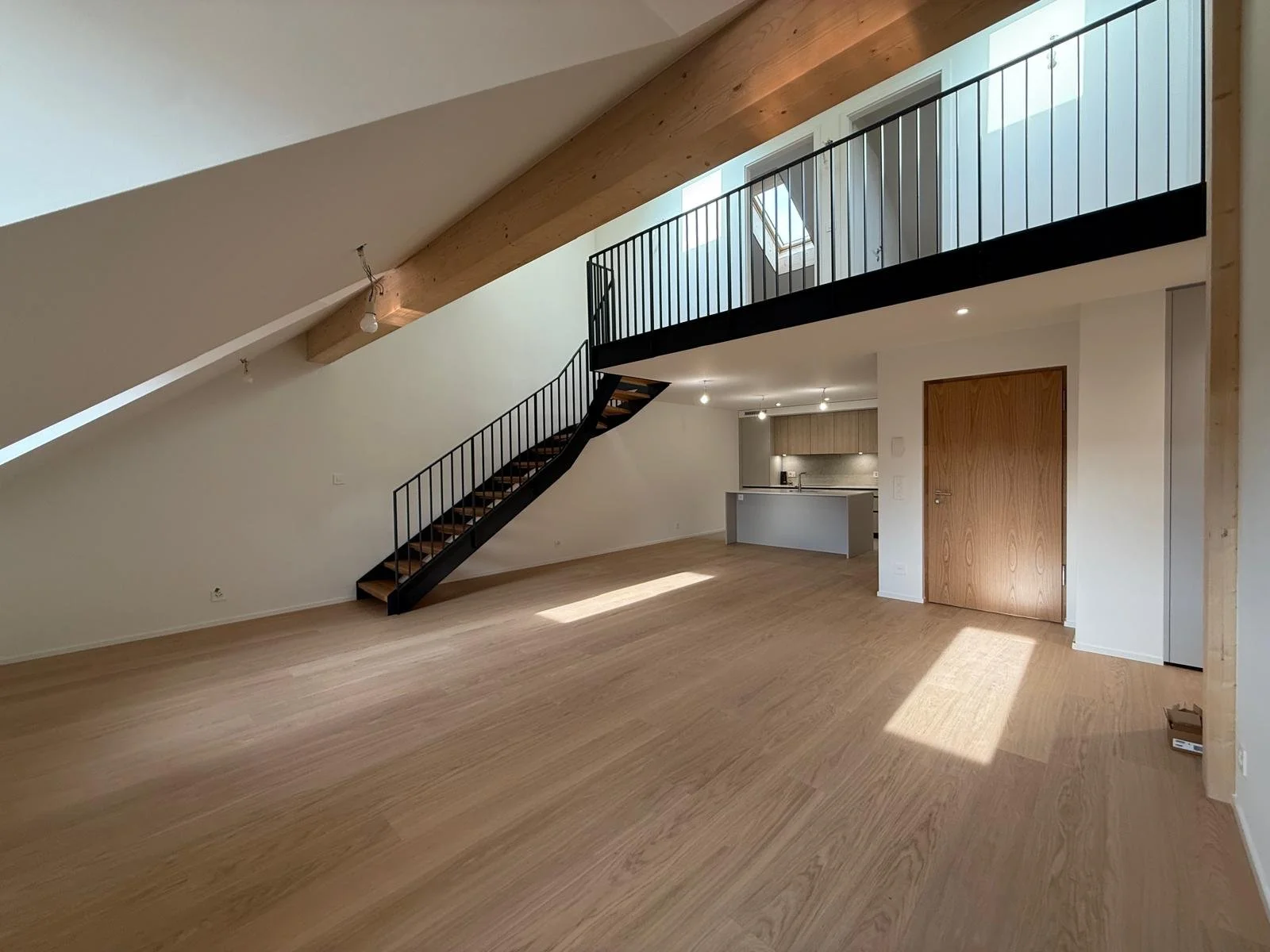 Intérieur d'un appartement avec un salon spacieux, un escalier en métal noir, un plafond en pente avec une poutre en bois, une cuisine ouverte et une porte en bois.