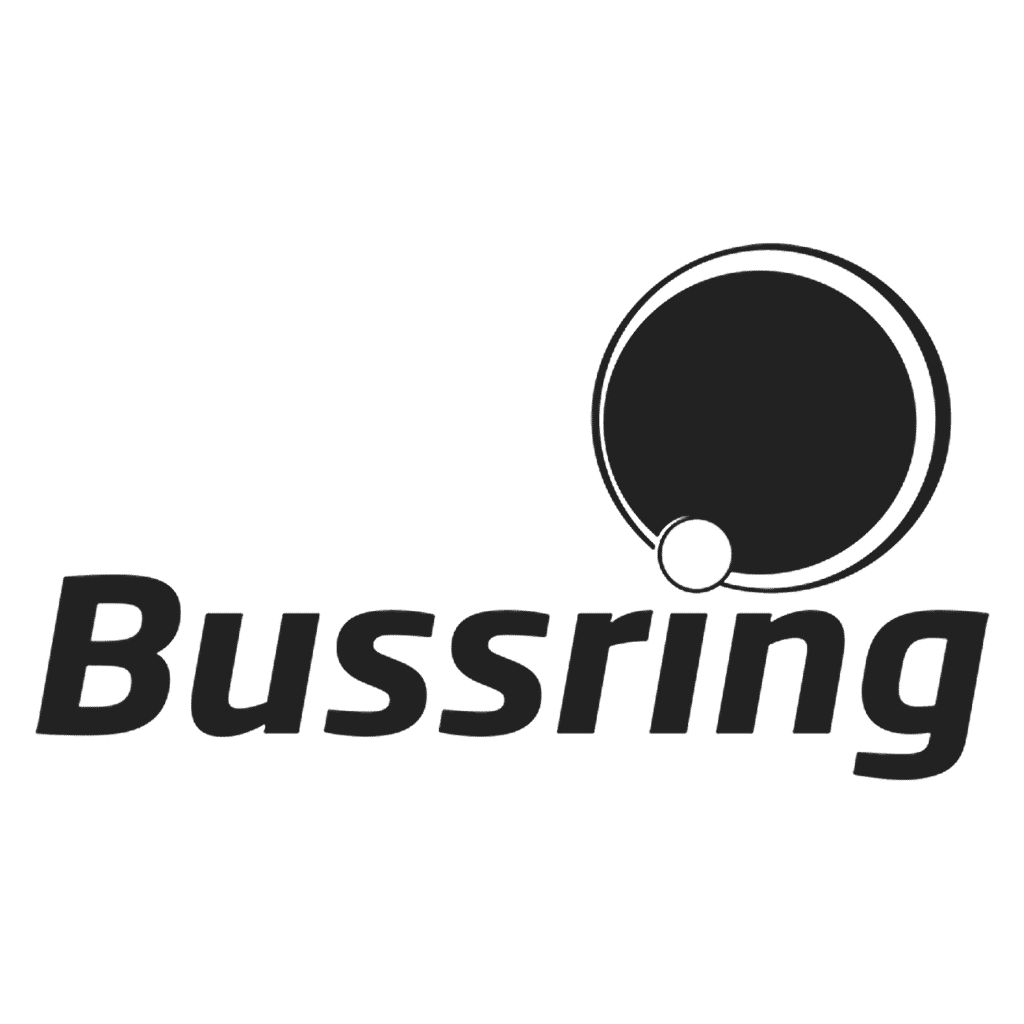 Logo with a black planet and a smaller black moon orbiting it, with the stylized text 'Busring' underneath.