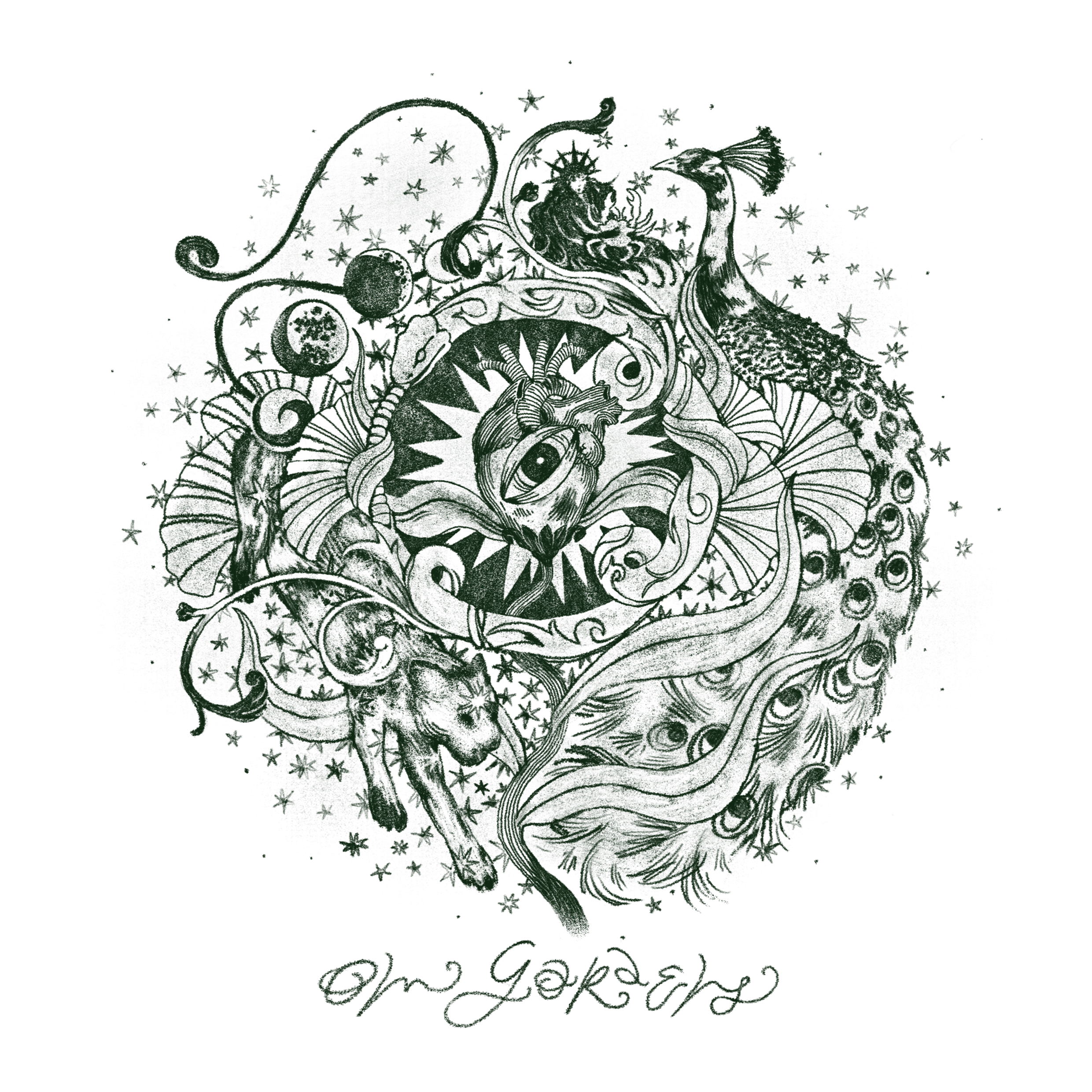 Ein grünes, künstlerisches Sternzeichen-Wolf-Design mit dem Text 'Om GOKAi' darunter.