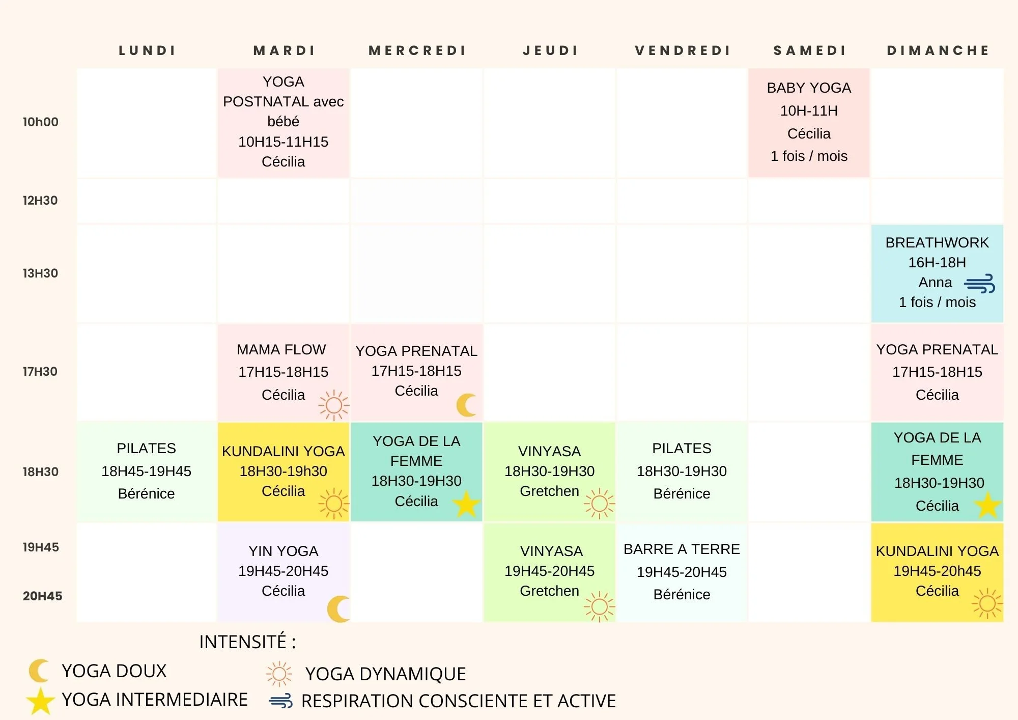 planning studio yoga grenoble kundalini yin maternité pilates vinyasa barre à terre breathwork