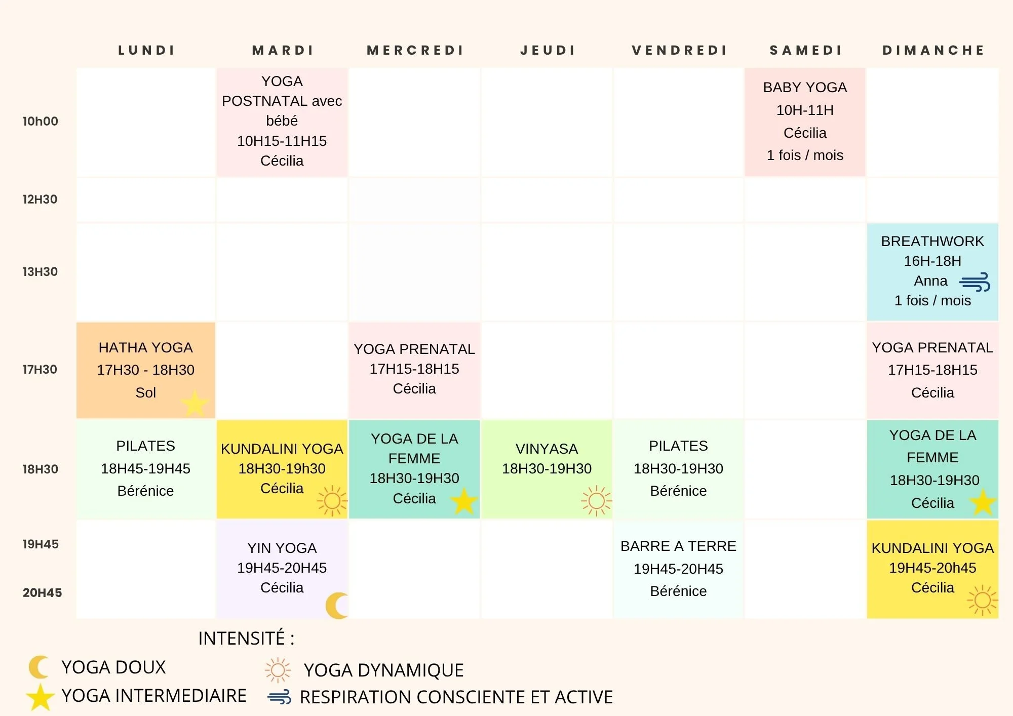 planning studio yoga grenoble kundalini yin maternité pilates vinyasa barre à terre breathwork hatha