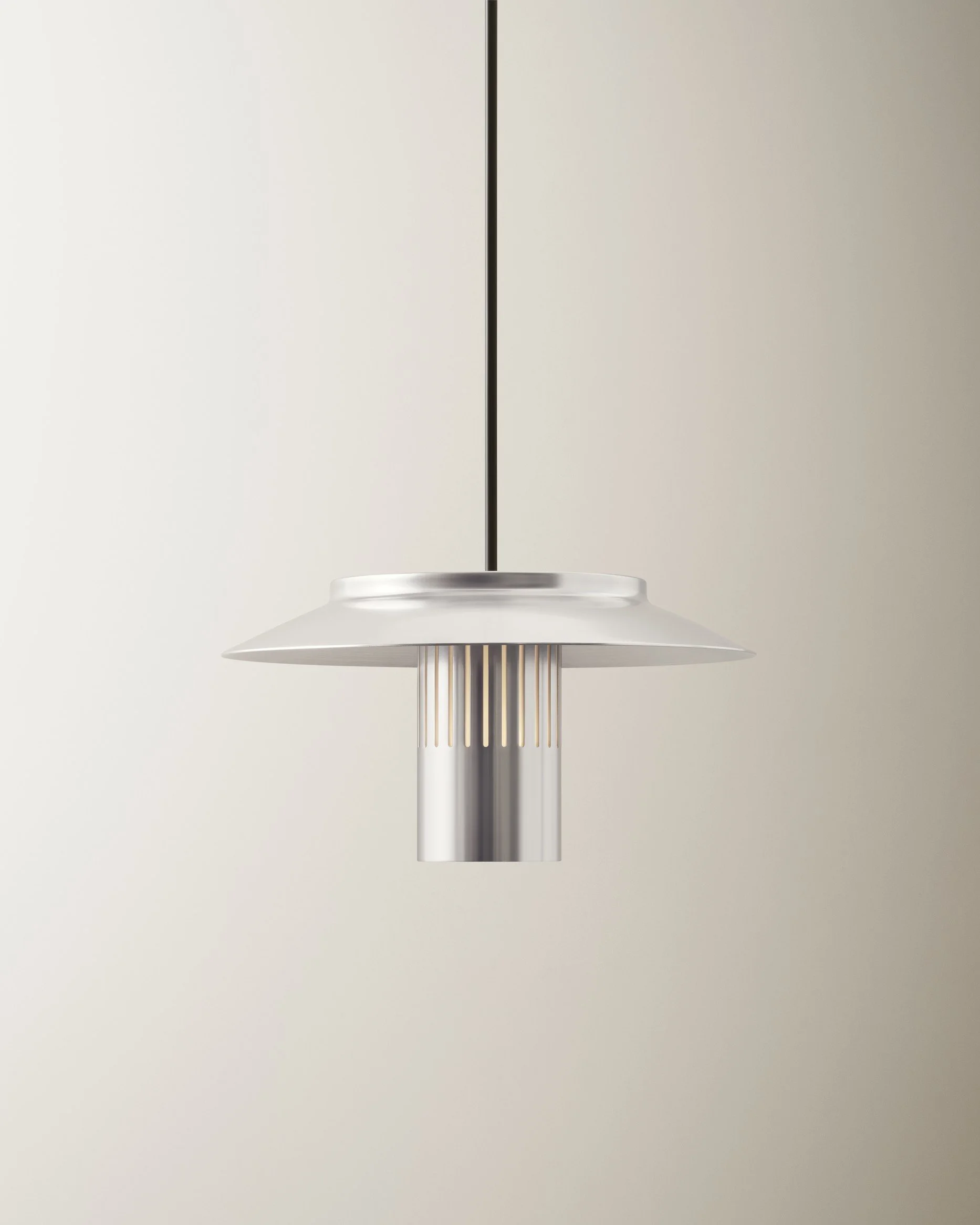 Modern pendant light fixture with metallic design hanging against a plain light-colored background.