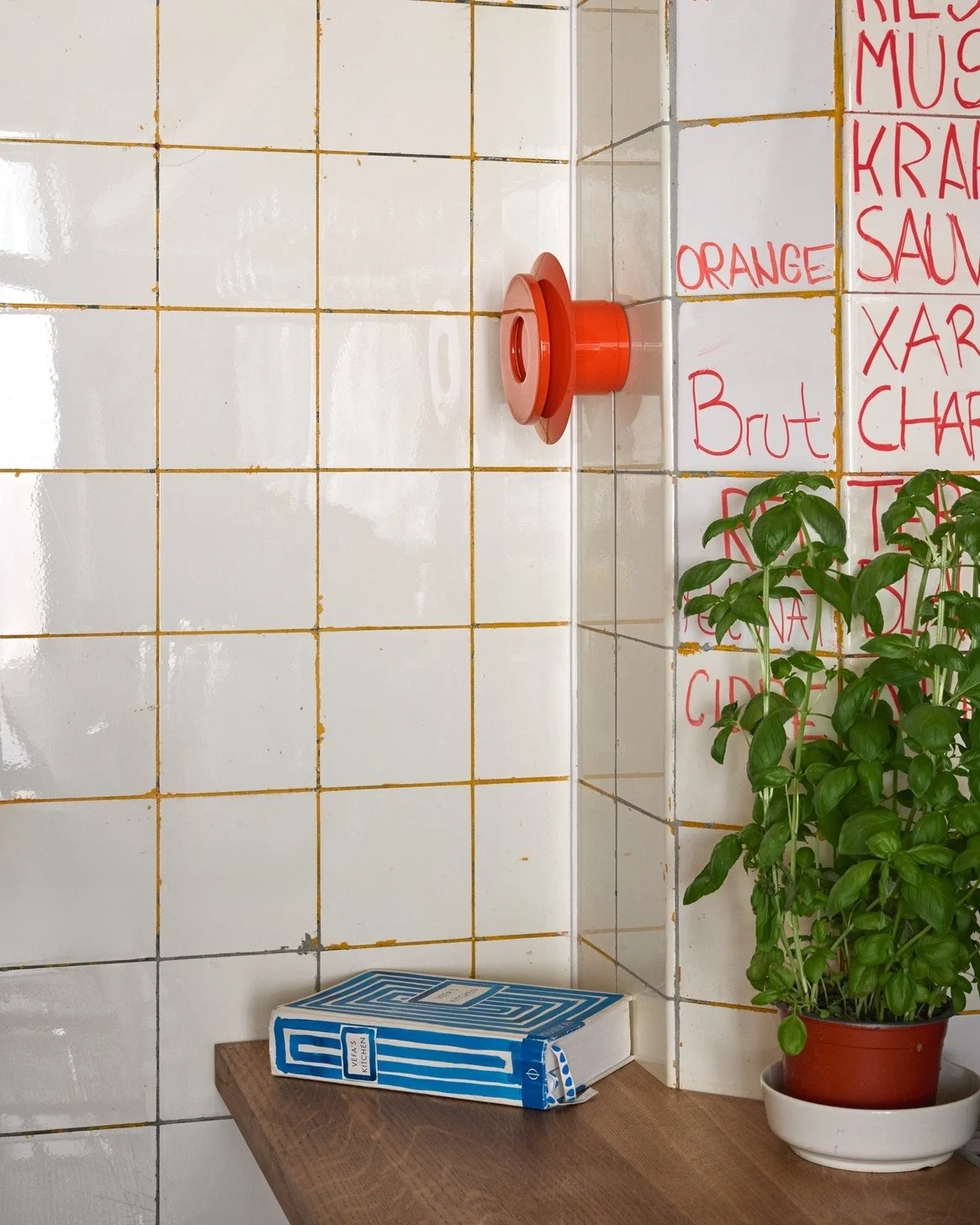 A small red basket or container on a tiled wall next to a potted basil plant on a wooden surface. There is a blue and white box on the wooden surface and red text written on the tiles.