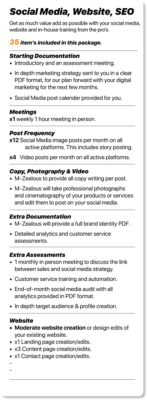 A flyer or informational document about social media, website, and SEO training packages, including details about documentation, meetings, content creation, extra documentation and assessments, and website creation services.