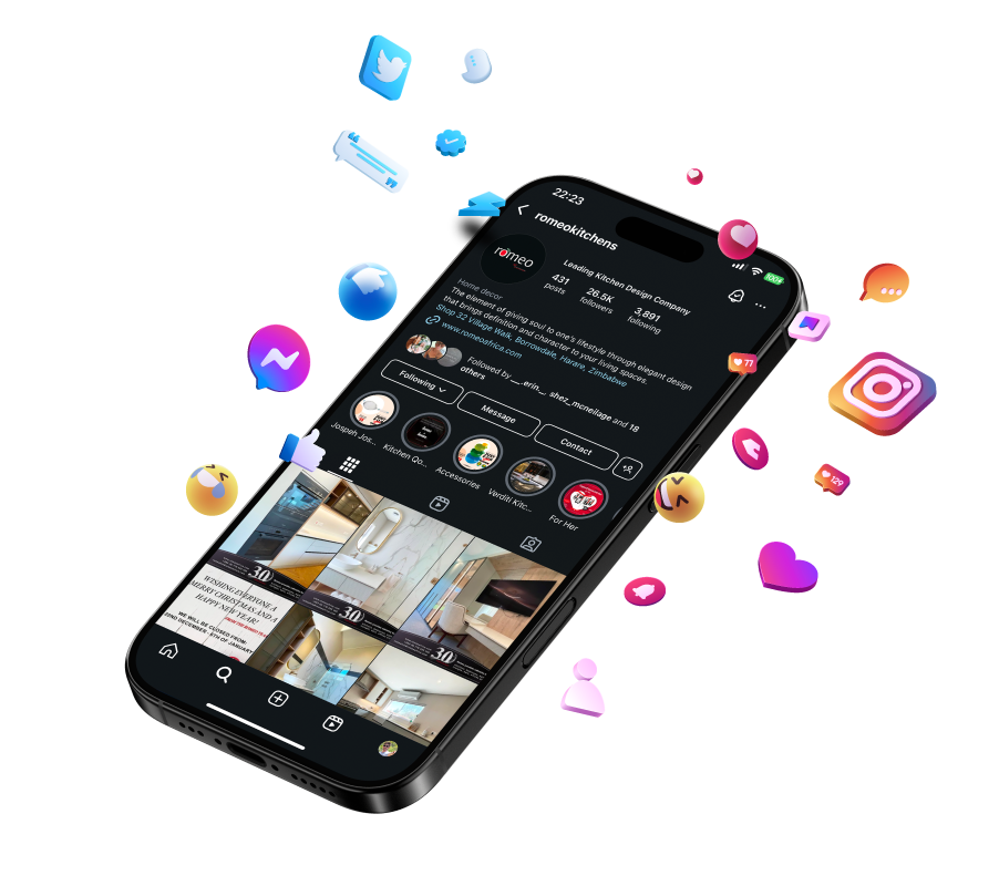 Smartphone displaying Instagram profile for 'romeokitchens' surrounded by floating social media icons in a digital, colorful environment.