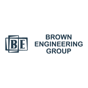 Logo of Brown Engineering Group with their initials and full name in a minimalist black and blue design.