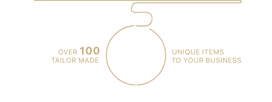 Graphic with a needle sewing a circular shape, highlighting over 100 tailor-made, unique items for business.
