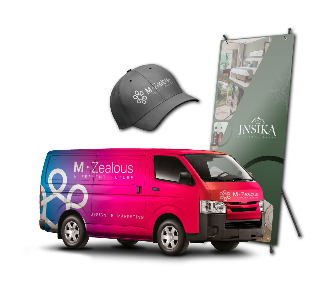 Promotional display set including a pink branded van, a gray cap with a logo, and a green banner promoting M-Zealous, INSIKA, and lifestyle offerings.