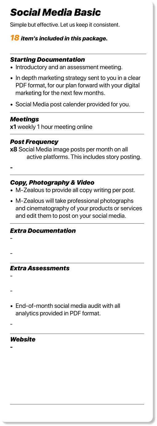 A document titled "Social Media Basic" listing guidelines for social media management. Items include starting documentation, weekly meetings, posting frequency, content creation, extra documentation and assessments, and website management.