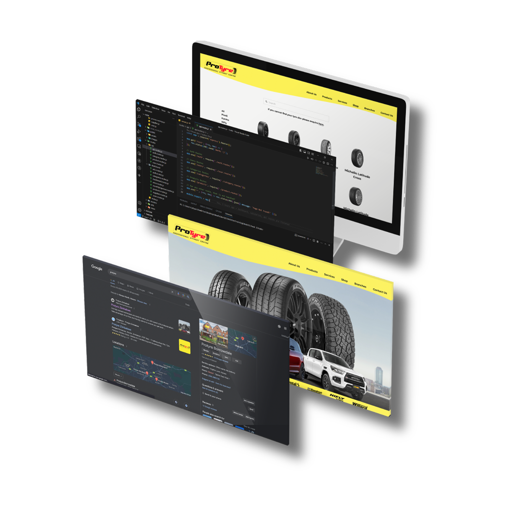 Digital artwork with multiple layered windows displaying a car tire shop website, code editor, and maps showing locations, with the focus on an automotive tire website and automotive imagery.