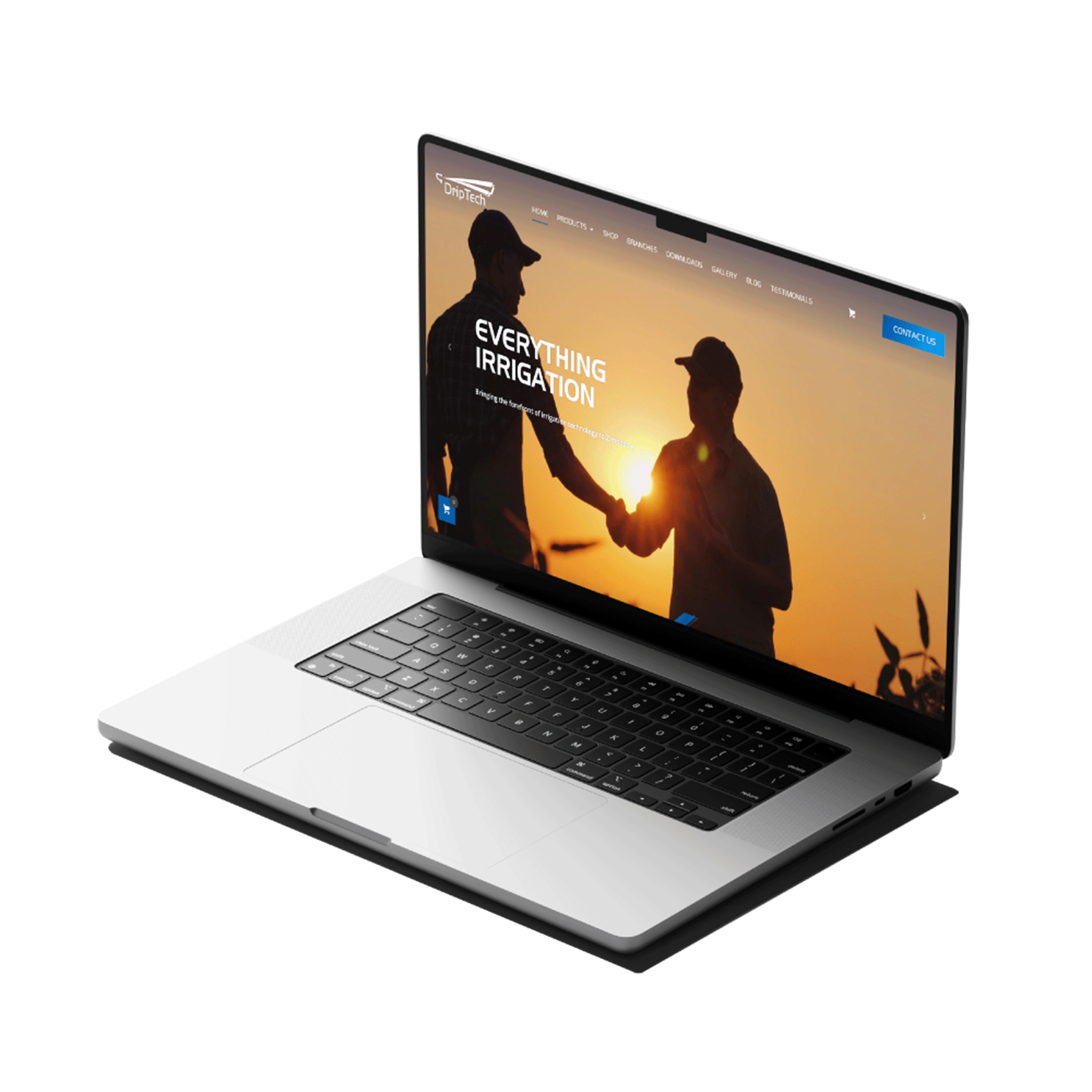 A silver laptop computer with a black keyboard, displaying a website titled "Everything Irrigation" featuring an image of two people holding hands with a sunset background.