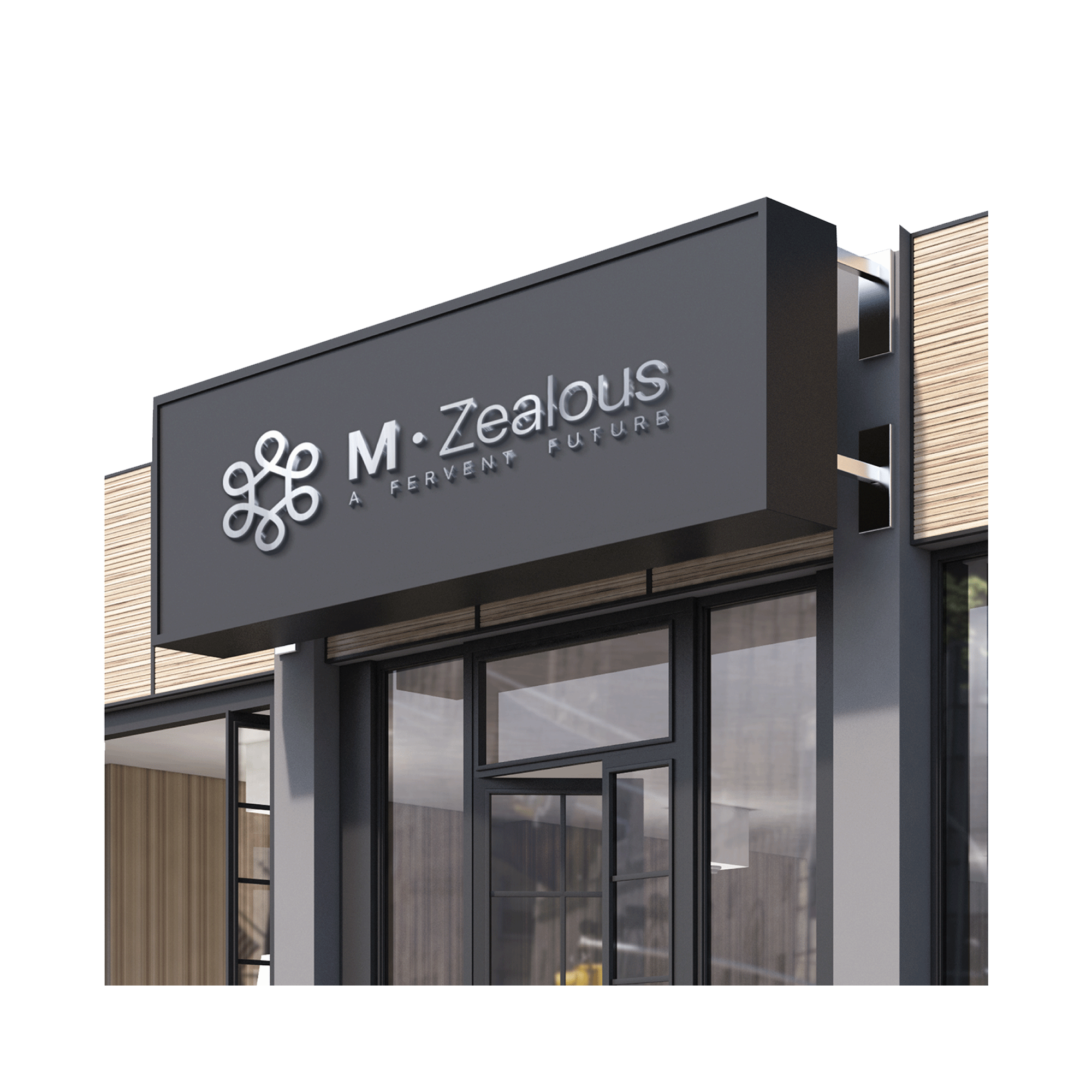 Building with a sign that reads 'Zealous M' and the tagline 'A Fervent Future'.
