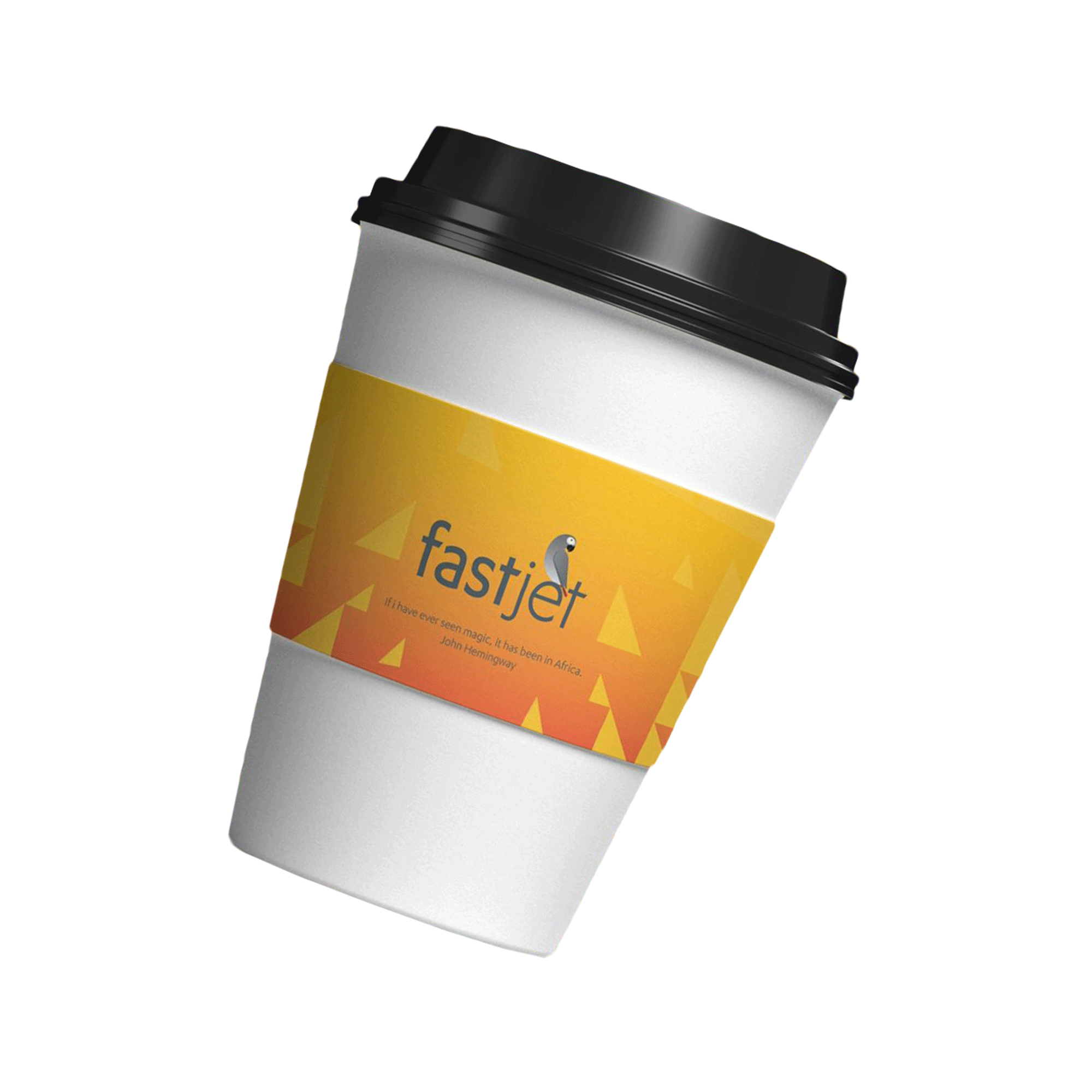 Close-up of a disposable coffee cup with a black lid, yellow and white labeling, and the word 'fastjet' printed on it.