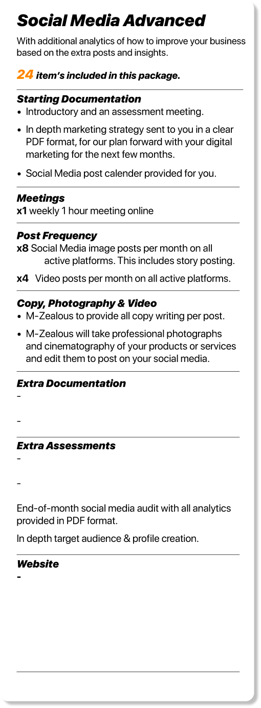 A printed document titled 'Social Media Advanced' detailing a social media management package. It includes sections on starting documentation, meetings, post frequency, content creation, extra documentation and assessments, final analytics report, target audience, and website. The document mentions 24 items, weekly meetings, and multiple content and editing services.