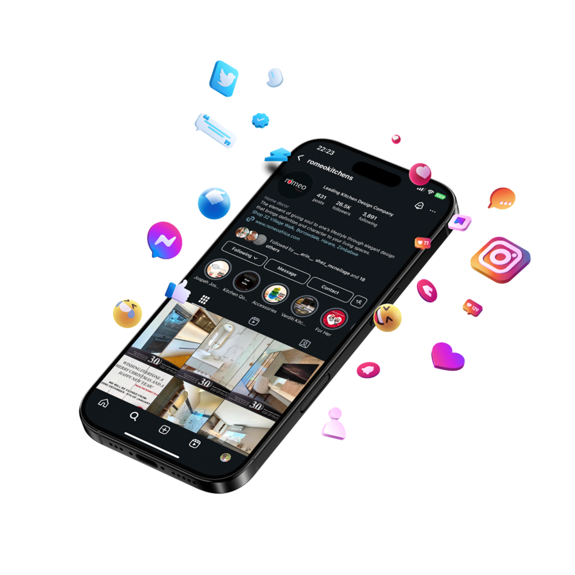 A smartphone displaying a social media profile of a home decor and design company, surrounded by various app icons and floating emoji hearts and thumbs-up symbols.