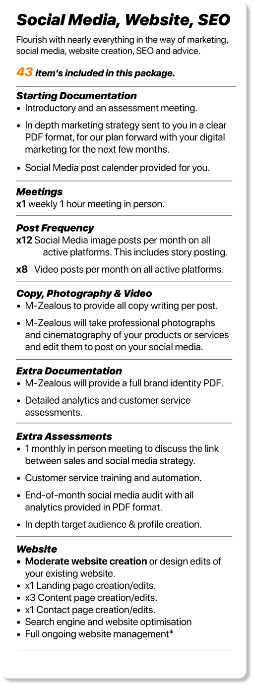 A marketing services package outline for social media, website, and SEO includes items like documentation, meetings, social media posts, photography, videos, brand identity PDF, analytics, assessments, website creation, and ongoing management.