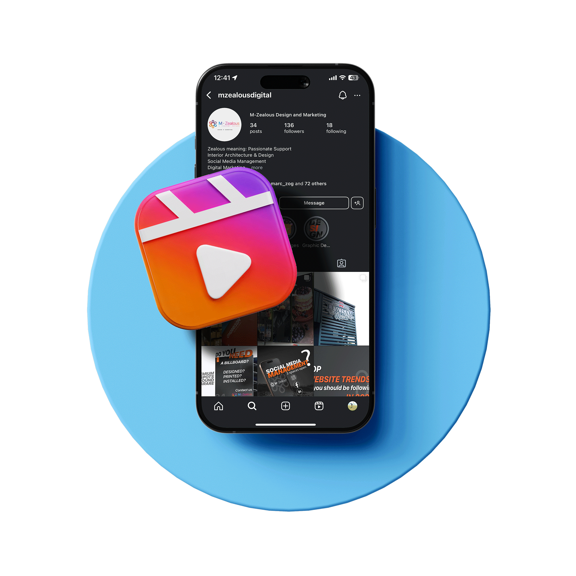 A smartphone displaying an Instagram profile with a colorful logo, surrounded by a pink and purple icon and over a blue oval shape, all set against a black background.