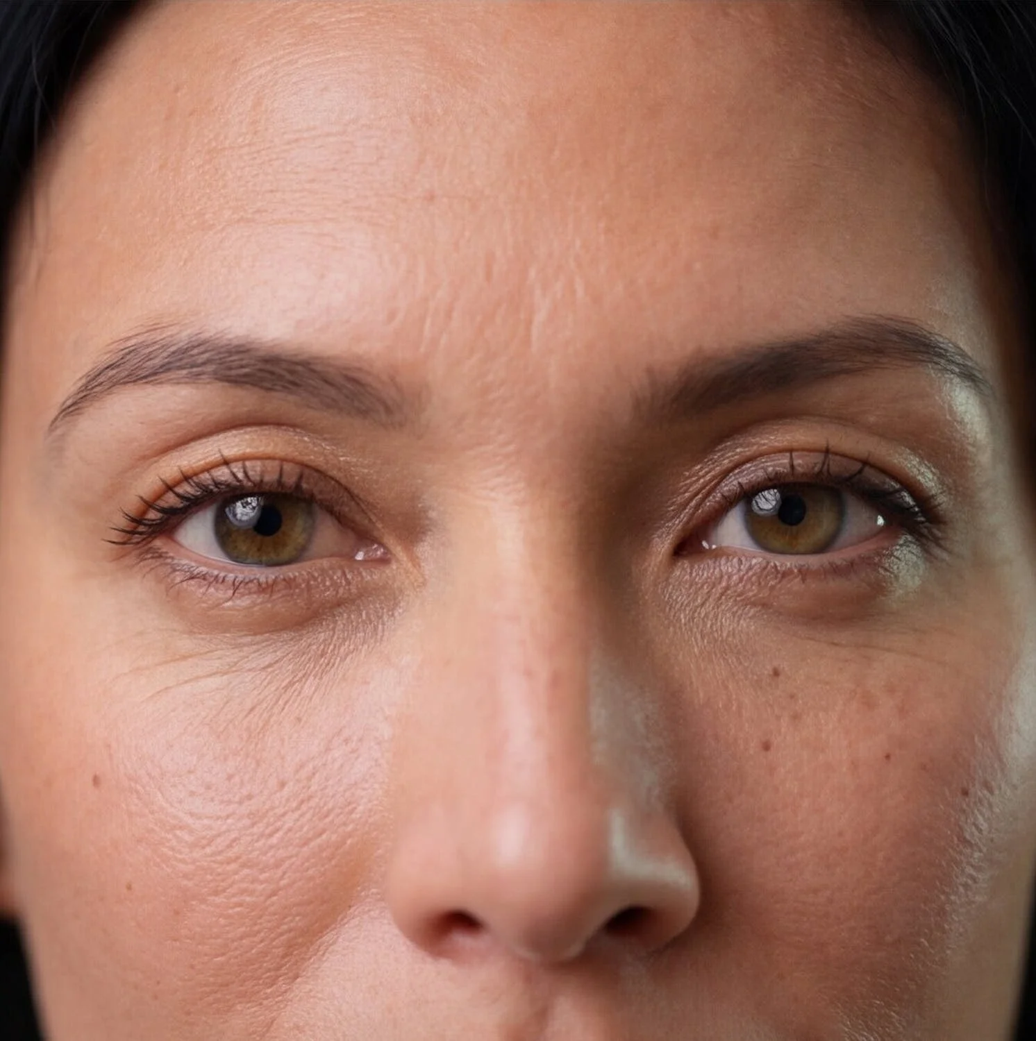 Nahaufnahme der Augen und der Stirn einer Frau mit braunen Augen, dunklen Haaren und glatter Haut.