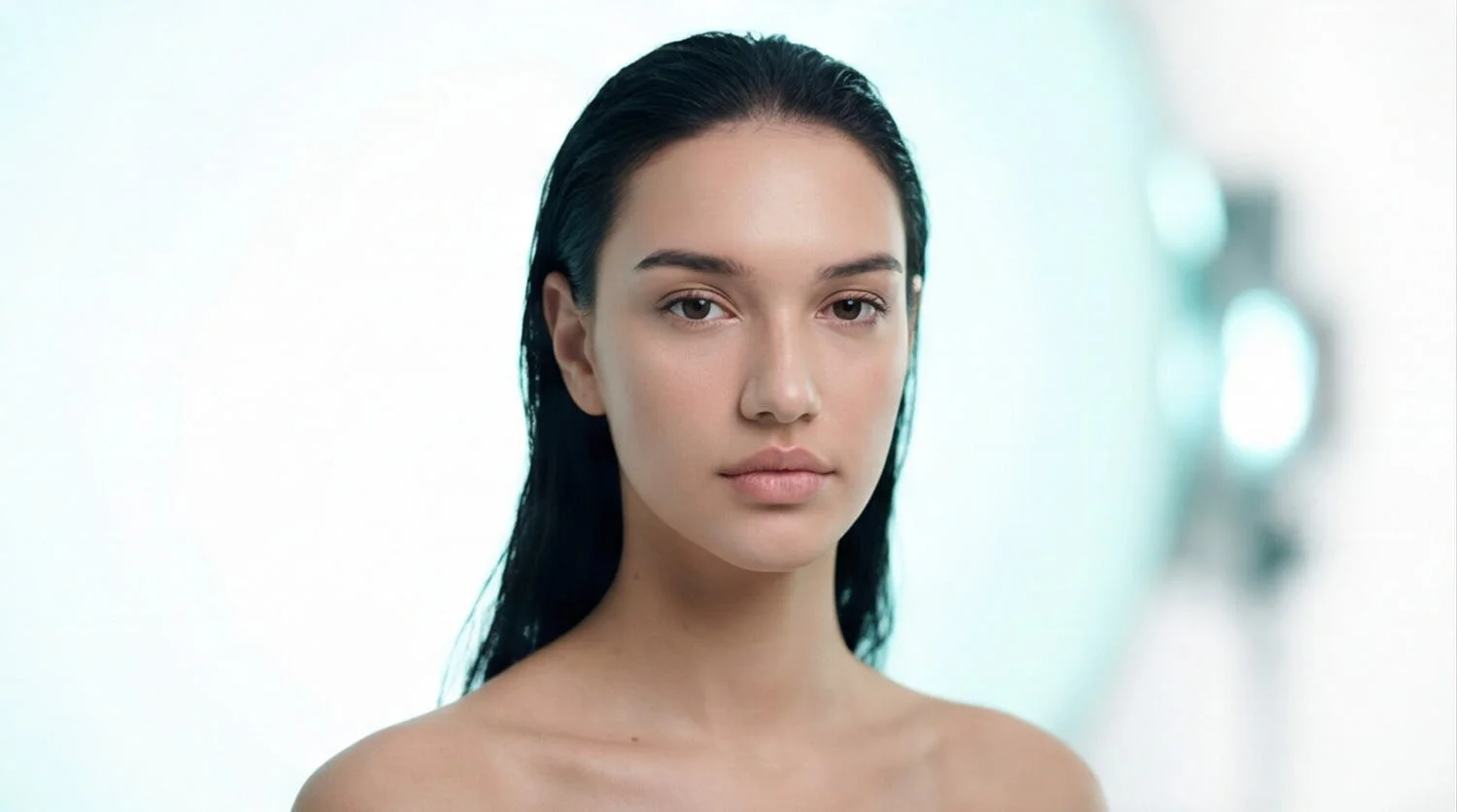 Nahaufnahme eines jungen weiblichen Models mit nassen, schwarzen Haaren gegen einen hellen Hintergrund.