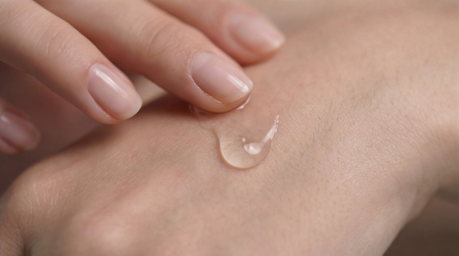 Eine Hand trägt eine feuchte Lotion oder ein Gel auf die Haut auf.