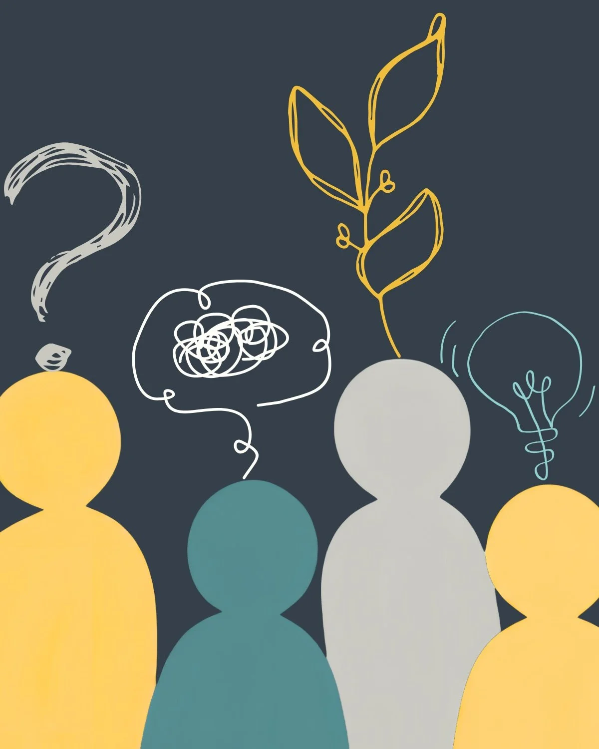 Illustration of four abstract human figures with thought and speech bubbles, some containing light bulbs, a question mark, a tangled line, or a plant stem with leaves, against a dark background.