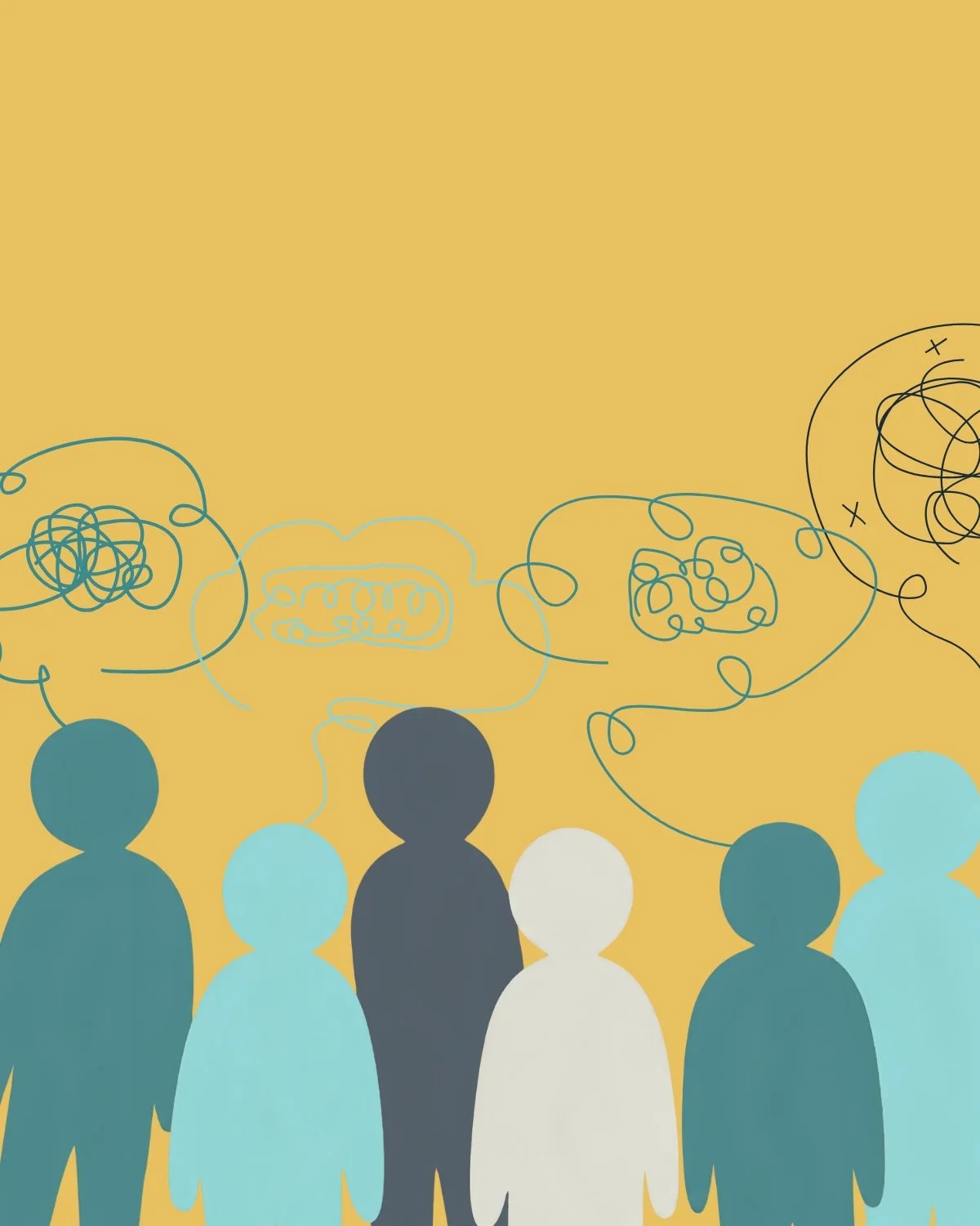 Illustration of a group of people with various colored silhouettes against a yellow background, with lines above their heads representing thoughts or ideas.