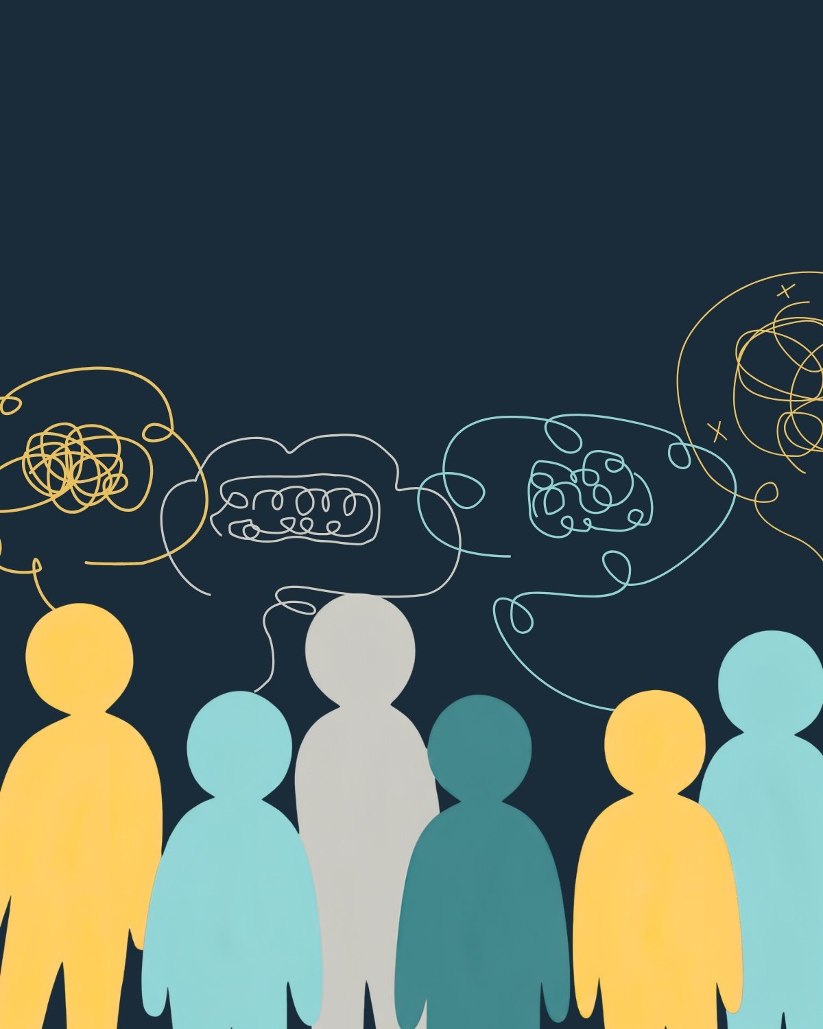 Illustration of abstract human figures in yellow, blue, and white with tangled lines above their heads representing thoughts or ideas.