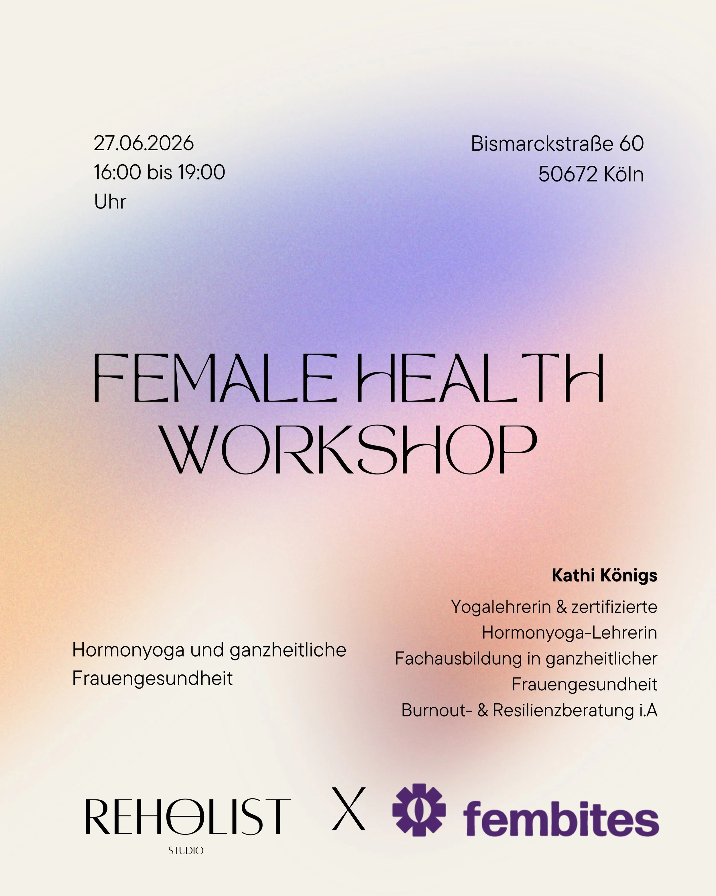 ✨ FEMALE HEALTH WORKSHOP ✨

Wie funktionieren unsere Hormone eigentlich &ndash; und was k&ouml;nnen wir tun, um sie im Alltag nat&uuml;rlich zu unterst&uuml;tzen?
In unserem 3-st&uuml;ndigen Female Health Workshop lernst du die Grundlagen des weiblic