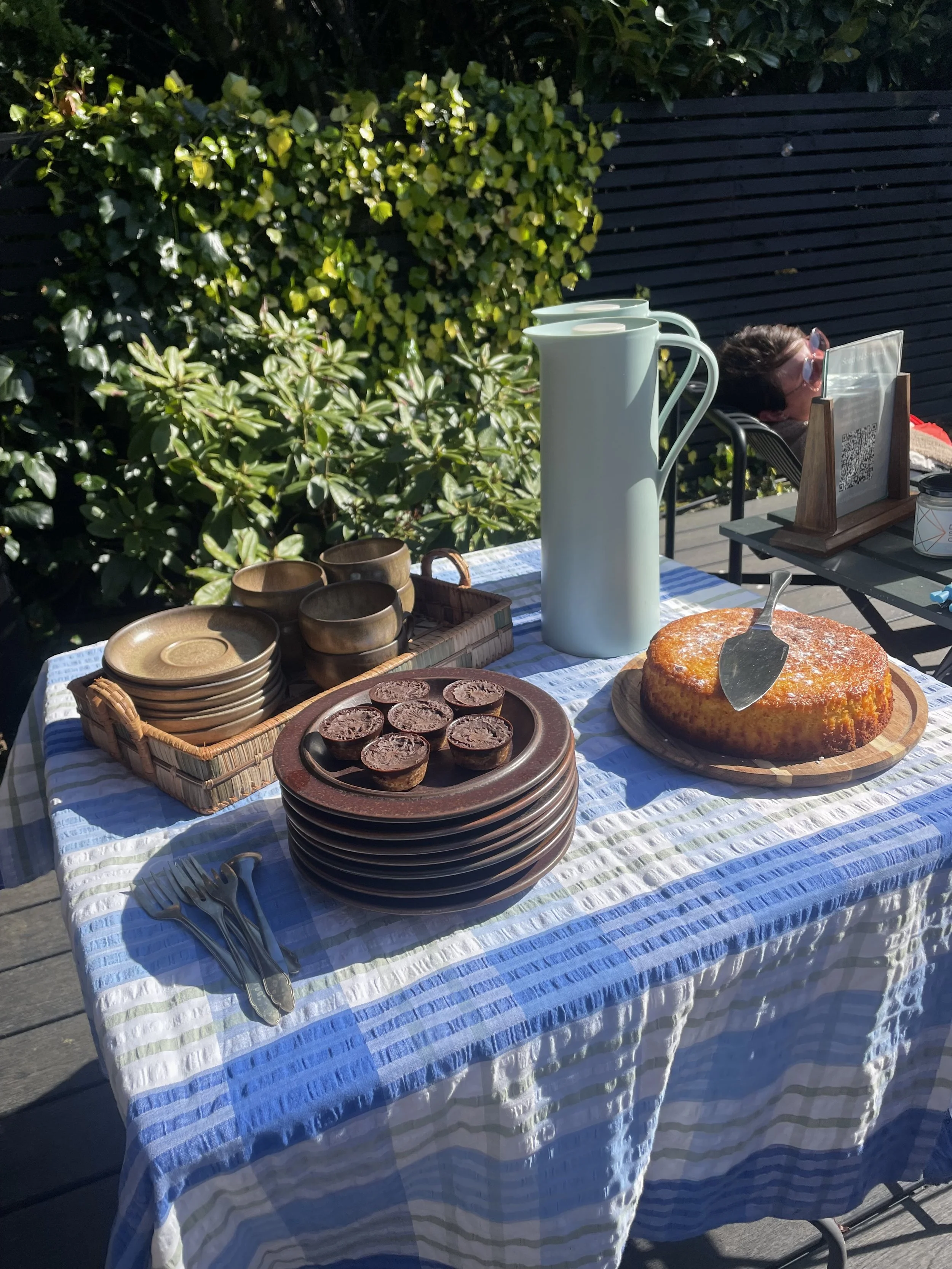Outdoor table set with baked goods, chocolate tarts, a large round cake, and dishes, with a woman in sunglasses resting behind it. Green foliage and a black fence are in the background.
