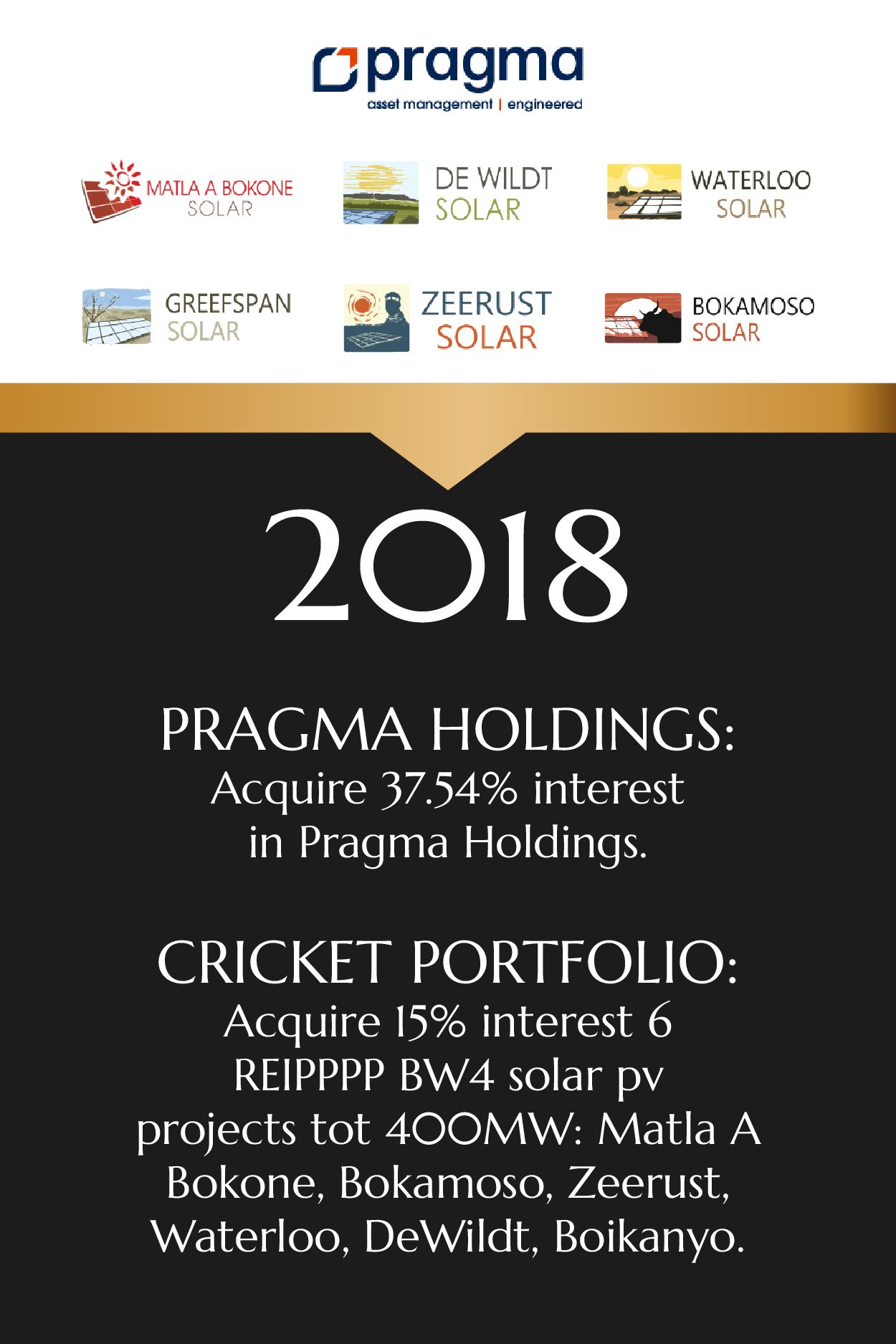 Pragma Holdings 2018 annual report cover page with logos of solar project companies and a black and gold design, featuring text about investment interests and solar PV projects.