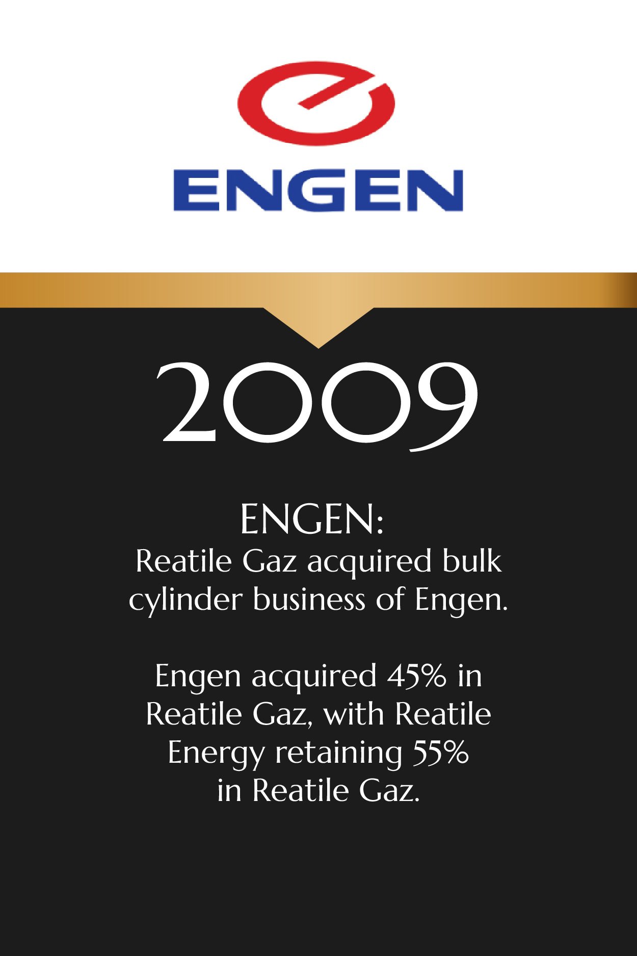 A report cover with the Engen logo, the year 2009, and text about Engen's acquisition of a bulk cylinder business and market share details.