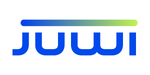 Logo with the word 'JUWII' in blue letters and a horizontal gradient bar above it, transitioning from blue to green.