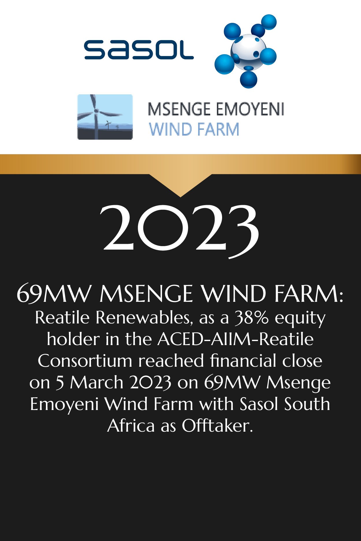 Information about the 2023 Msenge Wind Farm project, including its capacity, ownership, and financial milestones.