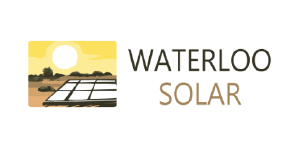 Logo for Waterloo Solar featuring a nature scene with trees, a sun, and solar panels.